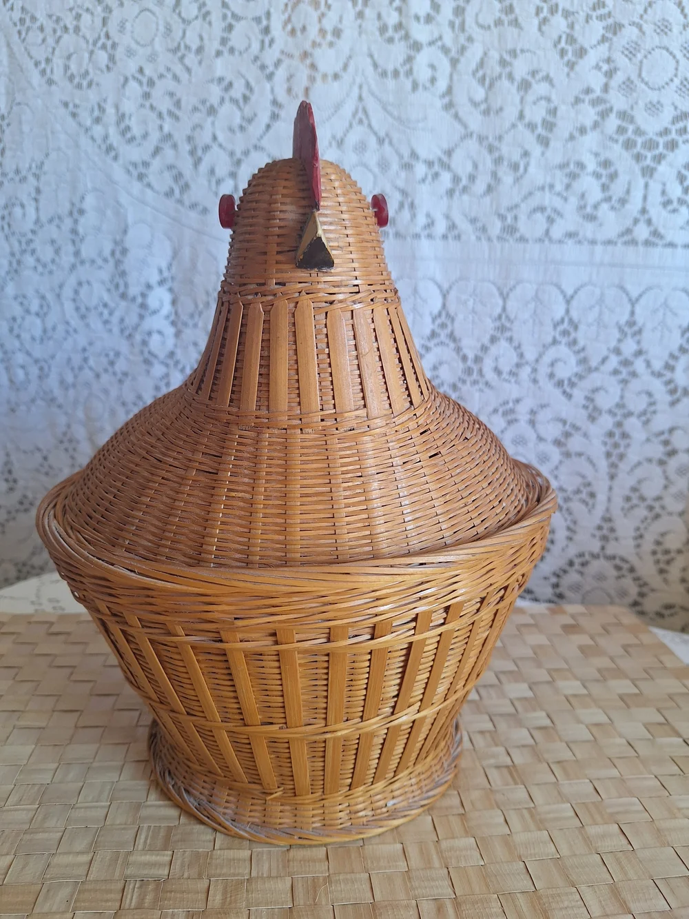 1960's Vintage Woven Rattan Chicken Basket with Red Comb
